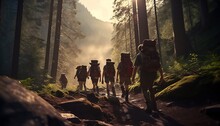 Silhouette Of Group Of Scouts Hiking In Mountains