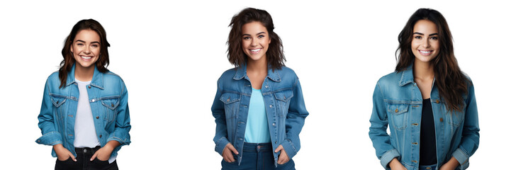 Sticker - Happy positive brunette woman in blue denim jacket arms crossed smiling at camera