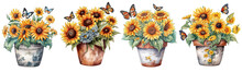 Sunflowers In Pot And Butterflies, Spring Season, Hand Drawn Watercolor Sublimation Design Clipart , Elegant Illustration , Sunflowers In Pot And Butterflies Isolated Transparent Background, PNG