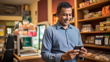 Convenient store owner looking at stocks on his phone in an alley of the shop