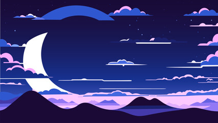 Wall Mural - Night sky with clouds and a crescent moon in the middle of the night sky with a few clouds, colorful flat surreal design, a matte painting, space art. Cartoon anime background.