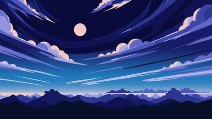 Wall Mural - Painting of a blue sky with clouds and a moon in the distance with a blue sky with clouds and a blue sky with a white moon, night sky, vector art, space art. Cartoon anime background.