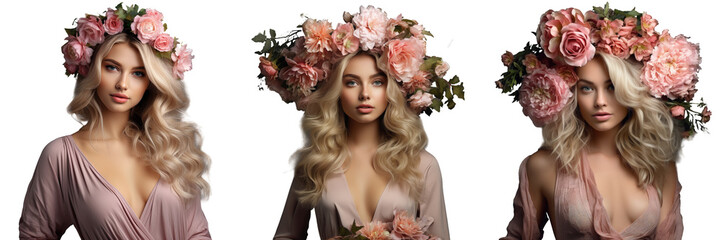 Wall Mural - Blond model in floral wreath pink dress on transparent background representing fashion