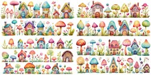  Watercolor Style Illustration Of Fairytale Village Full Of Mushroom Houses, Flowers And Trees In Strip Long Clipart Isolated On White Background, Collection Set, Generative Ai