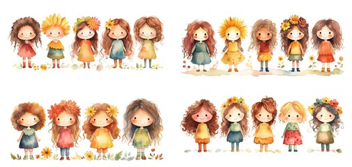 watercolor style illustration of cute girls standing together, collection set, Generative Ai