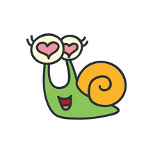 Funny Doodle Snail. Cartoon Illustration Of A Slug With Heart Shaped Eyes Isolated On A White Background. Vector 10 EPS.