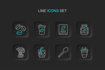 Poster - Set line Coffee cup to go, Teaspoon, Espresso tonic coffee, maker moca pot, jar bottle, book, and beans icon. Vector