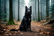 A Black Dog Standing In The Woods