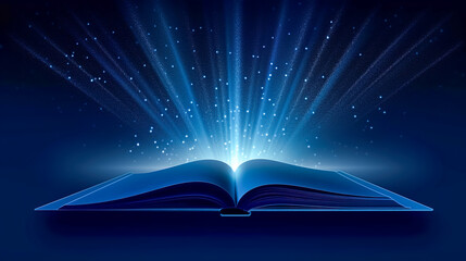 Wall Mural - Open book bible and light on blue background, generative AI.