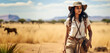 Young woman with wearing adventurer outfit and hat on African safari. Savanna and blurred wild animals in background. Generative AI