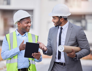 Canvas Print - Happy people, architect and tablet in city, planning or construction team in strategy on rooftop at site. Men, engineer or contractor on technology in teamwork, project or architecture plan in town