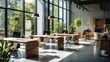 © piai - Concrete walls modern work office, wooden deck in a clean and bright environment.