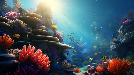 Magical world underwater realm teeming with vibrant marine life fantasy wallpaper. generative ai