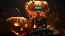 Cute Sitting Doll Girl With Scary Jack-o-lantern Decoration. Halloween Background. Ai Generated.