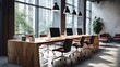 © piai - Concrete walls modern work office, wooden deck in a clean and bright environment. Generative AI