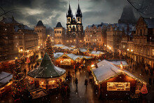Prague, Czech Republic. Fairy Tale Winter Night, Christmas Decorated.