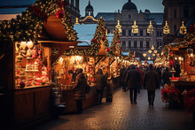 Prague, Czech Republic. Fairy Tale Winter Night, Christmas Decorated.