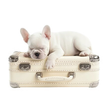 French Bulldog Puppy Sleeping On The Top A Suitcase, Isolated On Transparent Background. Concept Of Travel, Trip, Outdoor And Animals.