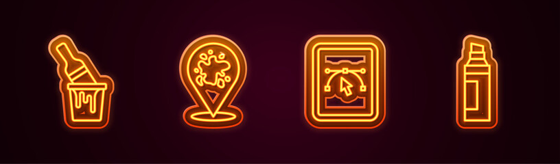 Set line Paint bucket with brush, spray, Computer design program and Marker pen. Glowing neon icon. Vector