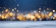 © Jing - Festive Christmas natural snowy landscape, abstract empty stage, background with snow, snowdrift and defocused Christmas lights. Blue and yellow Golden Christmas lights against blue sky, copy space