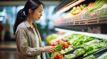 Woman Chooses Vegetables On The Shelves At The Grocery Store