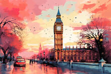 London, United Kingdom. Big Ben And Parliament Building Illustration.