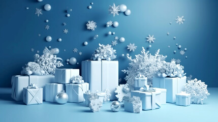 Wall Mural - blue Christmas background with white tree and gift boxes