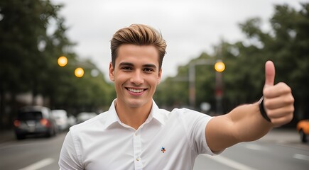 Confident Man with Thumbs Up Gesture on Sunny Road