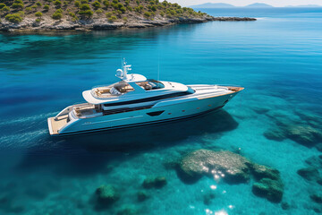 Luxury yacht sailing in turquoise water of the Mediterranean Sea