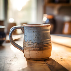 A pottery mug from MorningBliss, capturing the essence of mornings, photographed with a prime lens at f 1.4 Generative AI