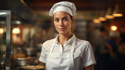 Beautiful female chef wearing chef clothes working in the kitchen. Generative AI