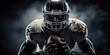 © goami - professional american football player in helmet and with ball on black background, studio shot, generative AI