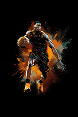 illustration of professional basket ball player with ball on black background, dynamic motion concept, generative AI