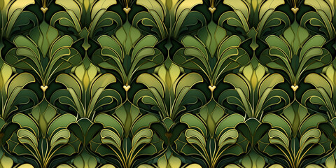 Seamless art nouveau yellow green pattern. Mosaic for wallpaper in contemporary vintage style with bright and striking colors for the background. Tile ornament fabric backdrop.