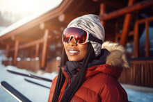 Young Black Woman With Sunglasses And Ski Equipment In Ski Resort Bukovel, Winter Holiday Concept.