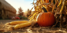 Close-up Of A Pumpkin Sitting On A Hay Bale, Framed By Corn Stalks And Fallen Leaves, Autumn Fall Vibes