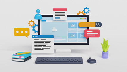Wall Mural - 3d web design concept, web development, application design, coding, and web building on white backgr