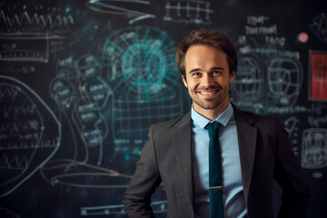 Photo of professional school teacher standing in class room in front of chalkboard with mathematical formulas generative AI