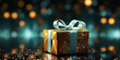Schöne Weihnachtsgeschenke Box in türkis mit gold und Bokeh Hintergrund Nahaufnahme in Querformat für Banner, ai generativ