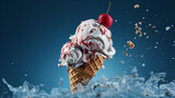 Fototapeta  - Tasty ice cream with fruits on blue background