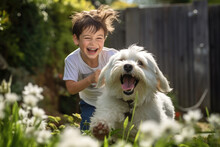Happy Kid Running And Playing With His Dog Outdoors. Friendship Of Children With Pet, Happy Childhood, Summer Vacation