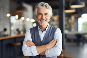 Happy middle aged man, successful business owner, smiling and looking at the camera, lifestyle portrait