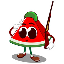 Vector Mascot, Cartoon And Illustration Of A Cute Watermelon Slice Being A Soldier With A Ready And Salute Position While Carrying A Rifle