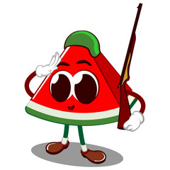 Wall Mural - Vector mascot, cartoon and illustration of a cute watermelon slice being a soldier with a ready and salute position while carrying a rifle