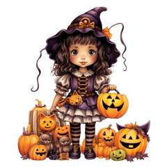 Wall Mural - Kawaii witch children holding jack o lanterns in their arm in Halloween festival