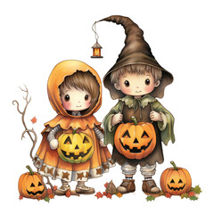 Wall Mural - Kawaii kids holding jack o lanterns in their arm in Halloween festival