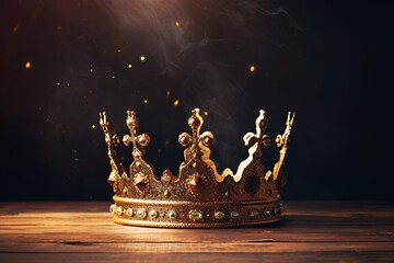 low key image of beautiful queen or king crown over wooden table. vintage filtered. fantasy medieval period, Generative AI