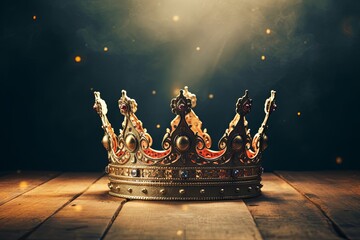 Wall Mural - low key image of beautiful queen or king crown over wooden table. vintage filtered. fantasy medieval period, Generative AI