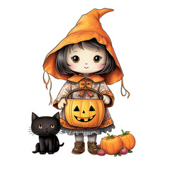 Wall Mural - Kawaii kid holding jack o lanterns in their arm in Halloween festival