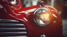 A Close-up Of The Front Headlight. Front View Of A Blue Luxury Retro Car. Old School Red Car Headlight